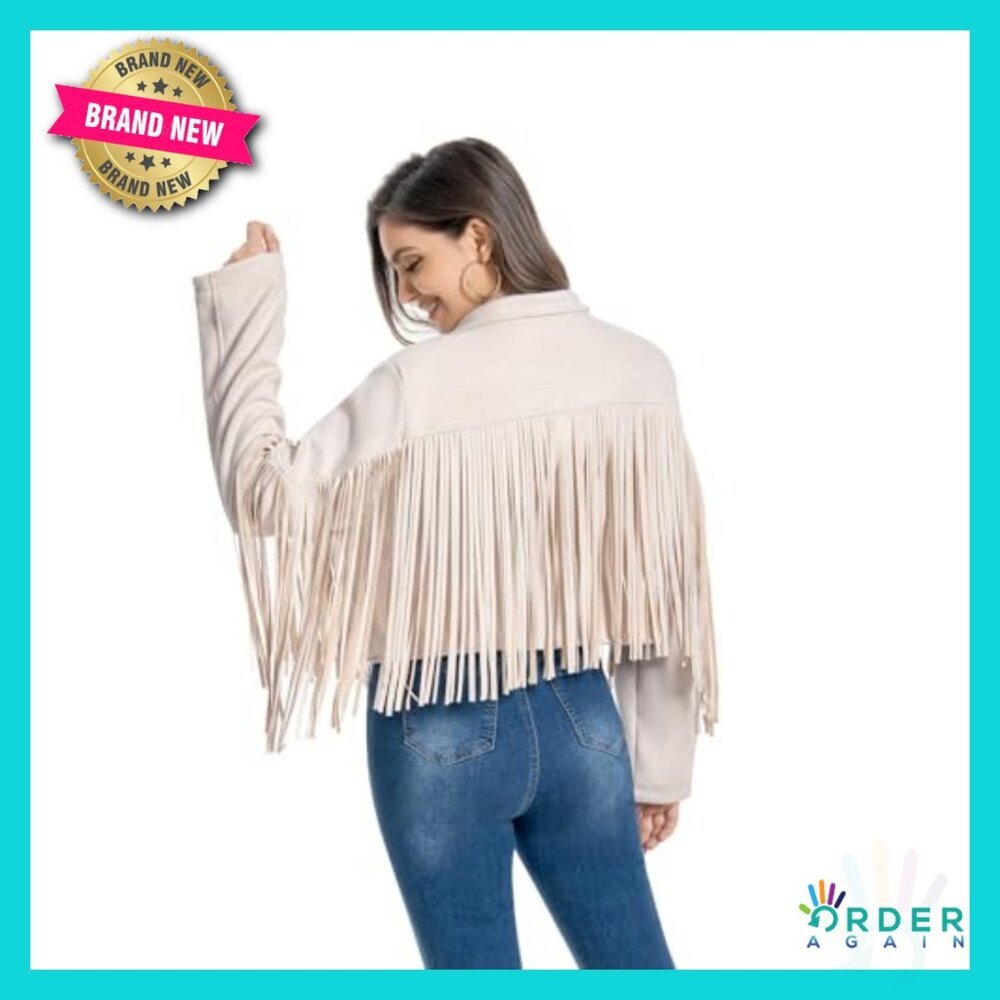 Faux Leather Fringe Jacket Western Cowgirl Crop Moto Top Tassel Design - Picture 4 of 5